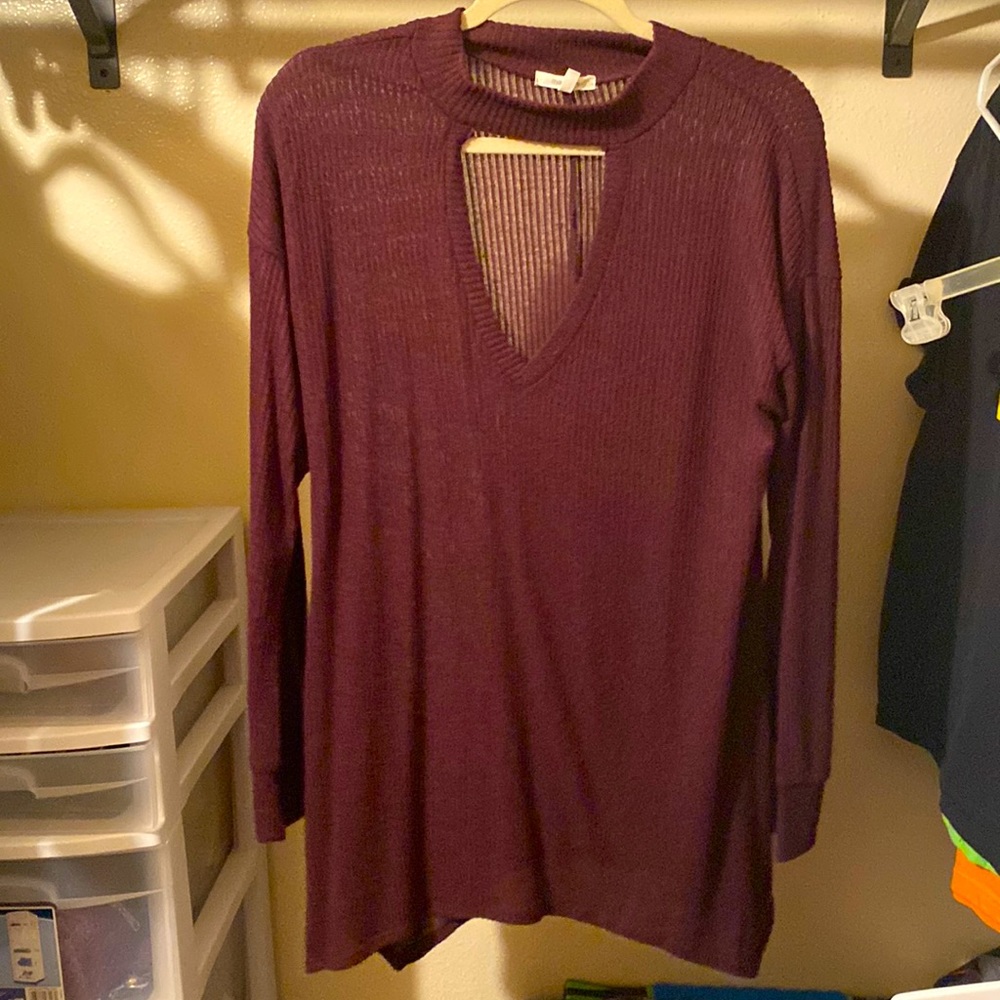 Wine long sleeve shirt with cut out neck